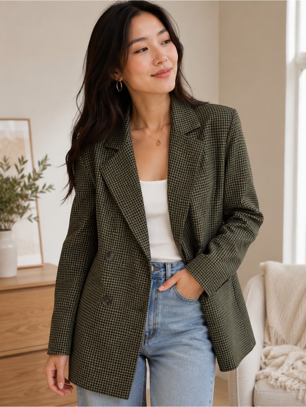 Vintage Green Houndstooth Double Breasted Blazer Size S